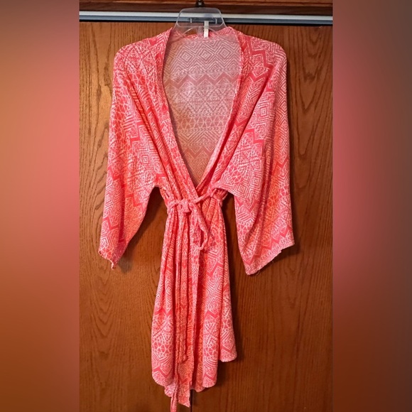 Pink Blush Womens Medium Duster Robe Geometric Color Barber Pink Tie Belt - Picture 5 of 12